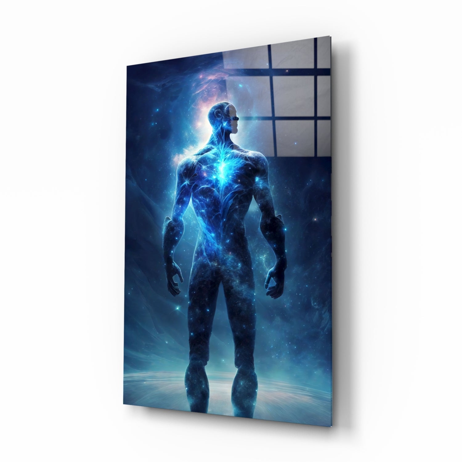 Glowing Blue Cosmic Man Standing Glass Wall Art