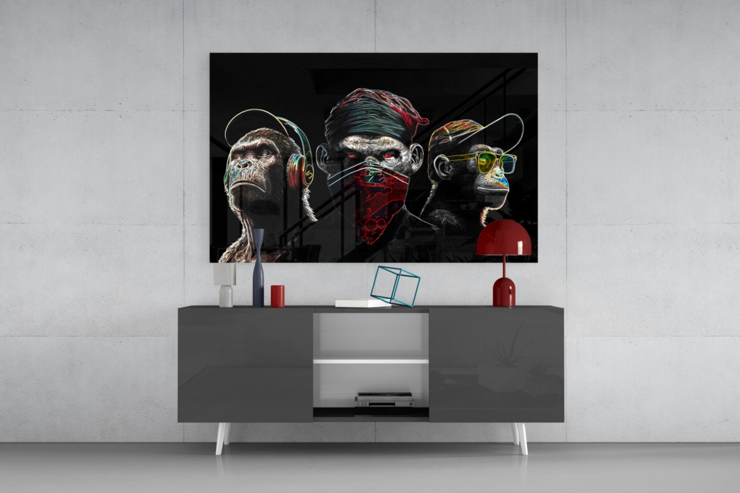 3 Wise Monkeys - Neon Lines Glass Wall Art || Designer Collection