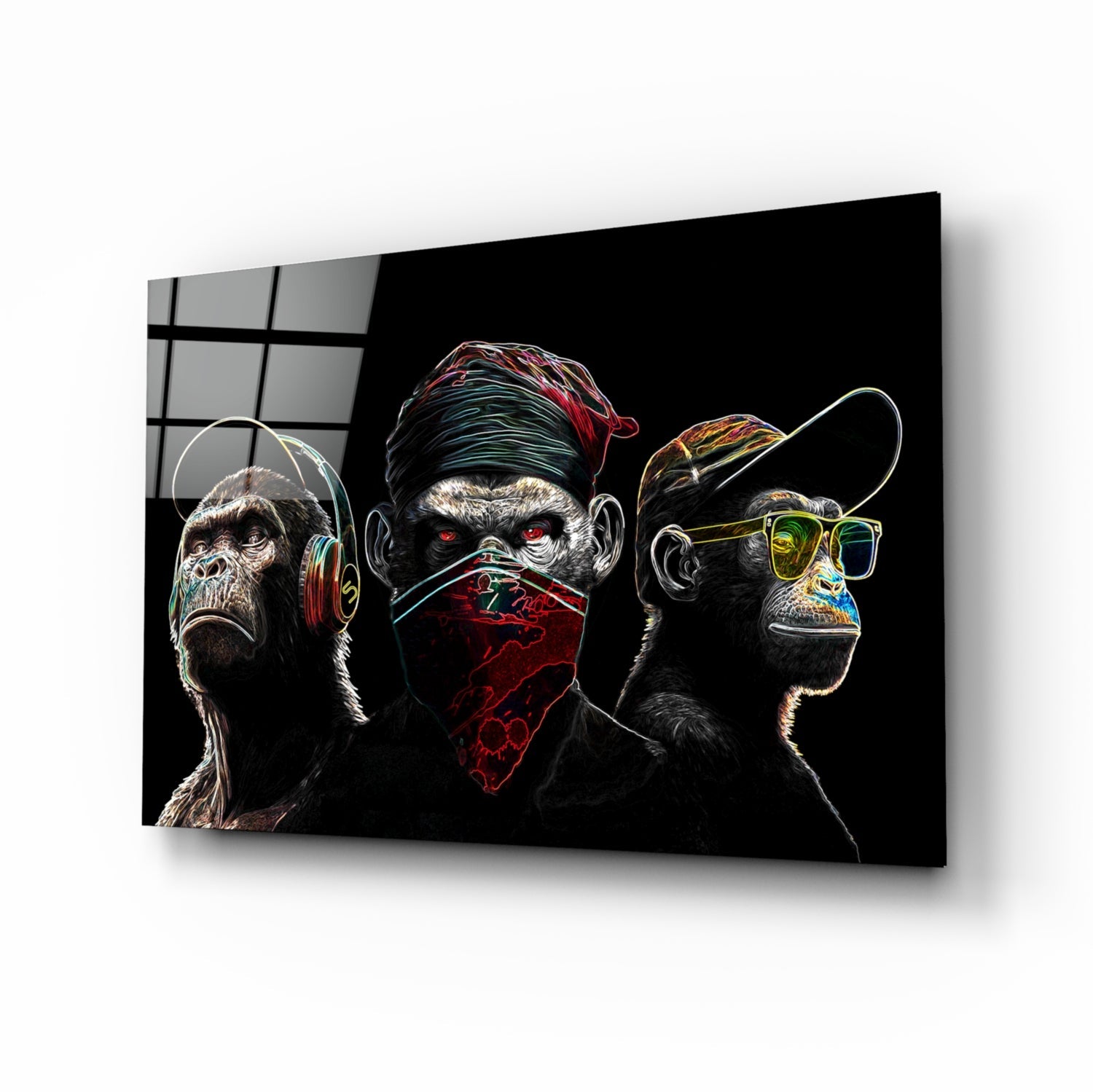 3 Wise Monkeys - Neon Lines Glass Wall Art || Designer Collection