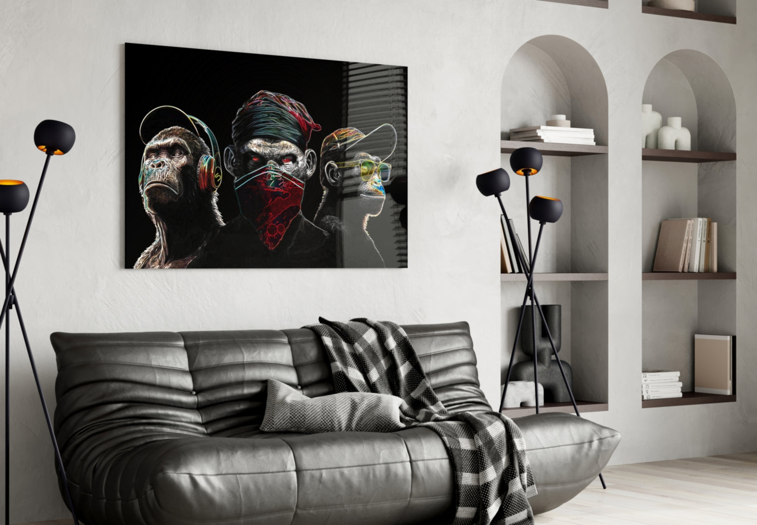 3 Wise Monkeys - Neon Lines Glass Wall Art || Designer Collection