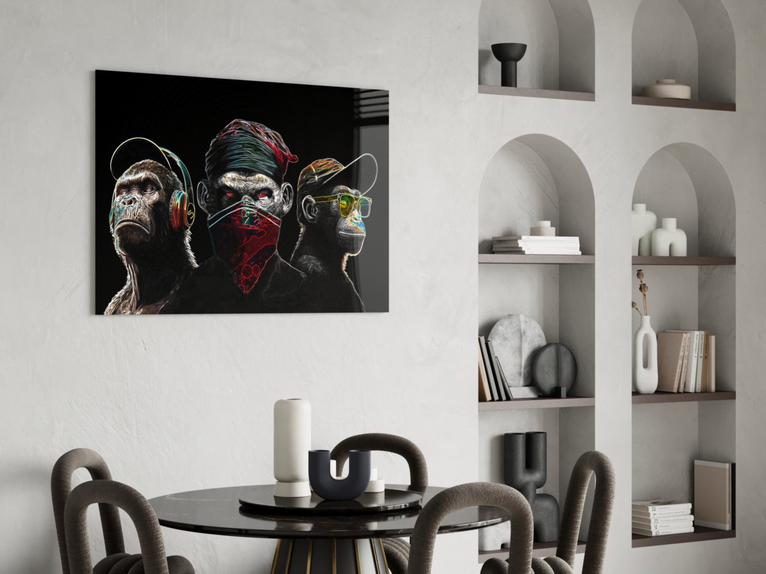 3 Wise Monkeys - Neon Lines Glass Wall Art || Designer Collection