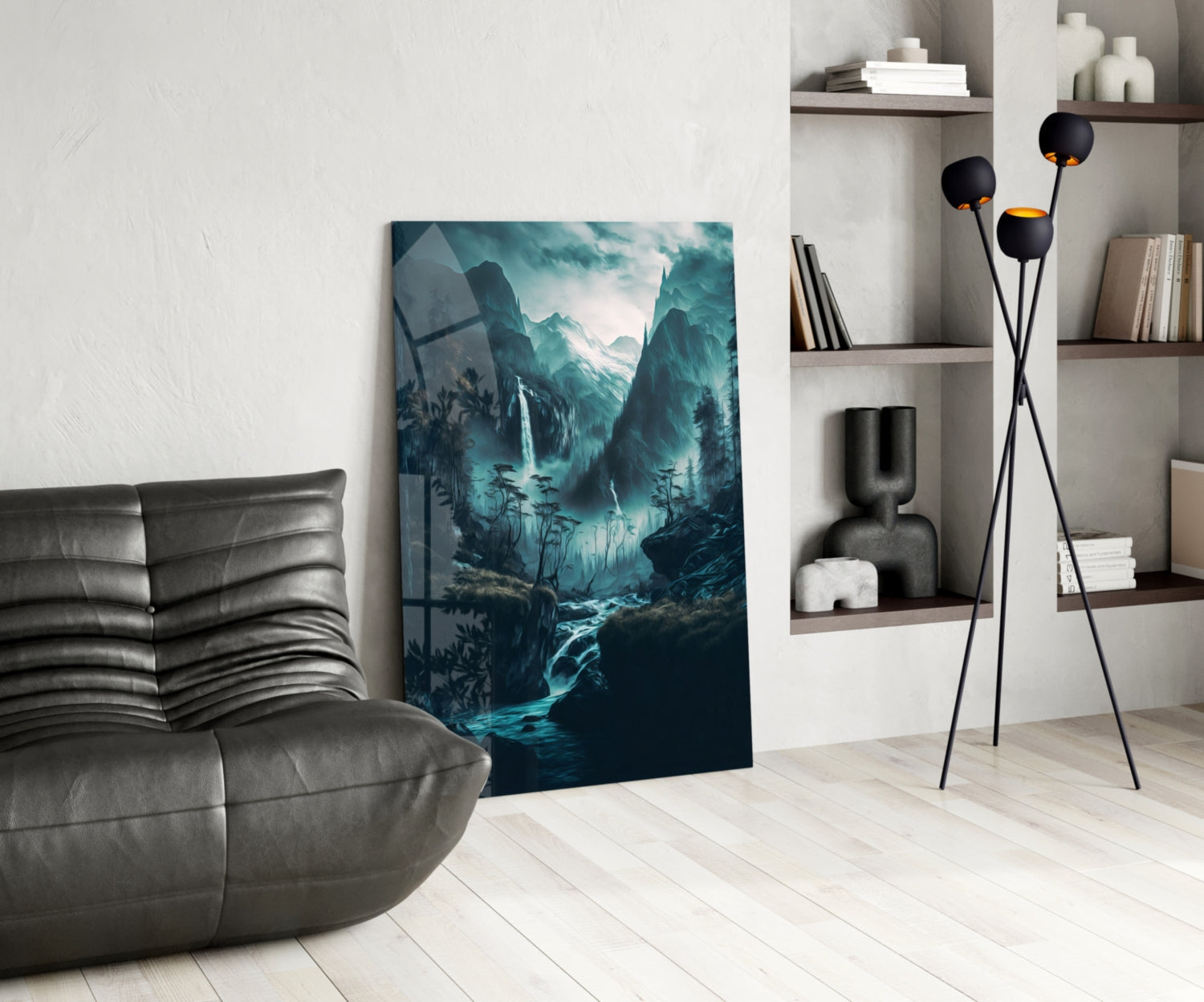 Teal Valley Twin Waterfalls Cliffs Glass Wall Art