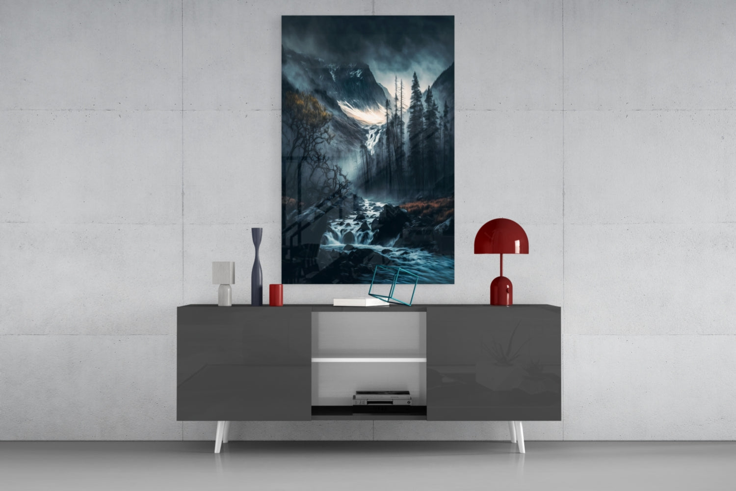 Dusk Gorge Misty Pines Rapids Glass Wall Art
