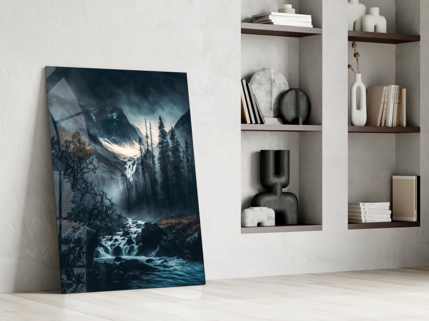 Dusk Gorge Misty Pines Rapids Glass Wall Art