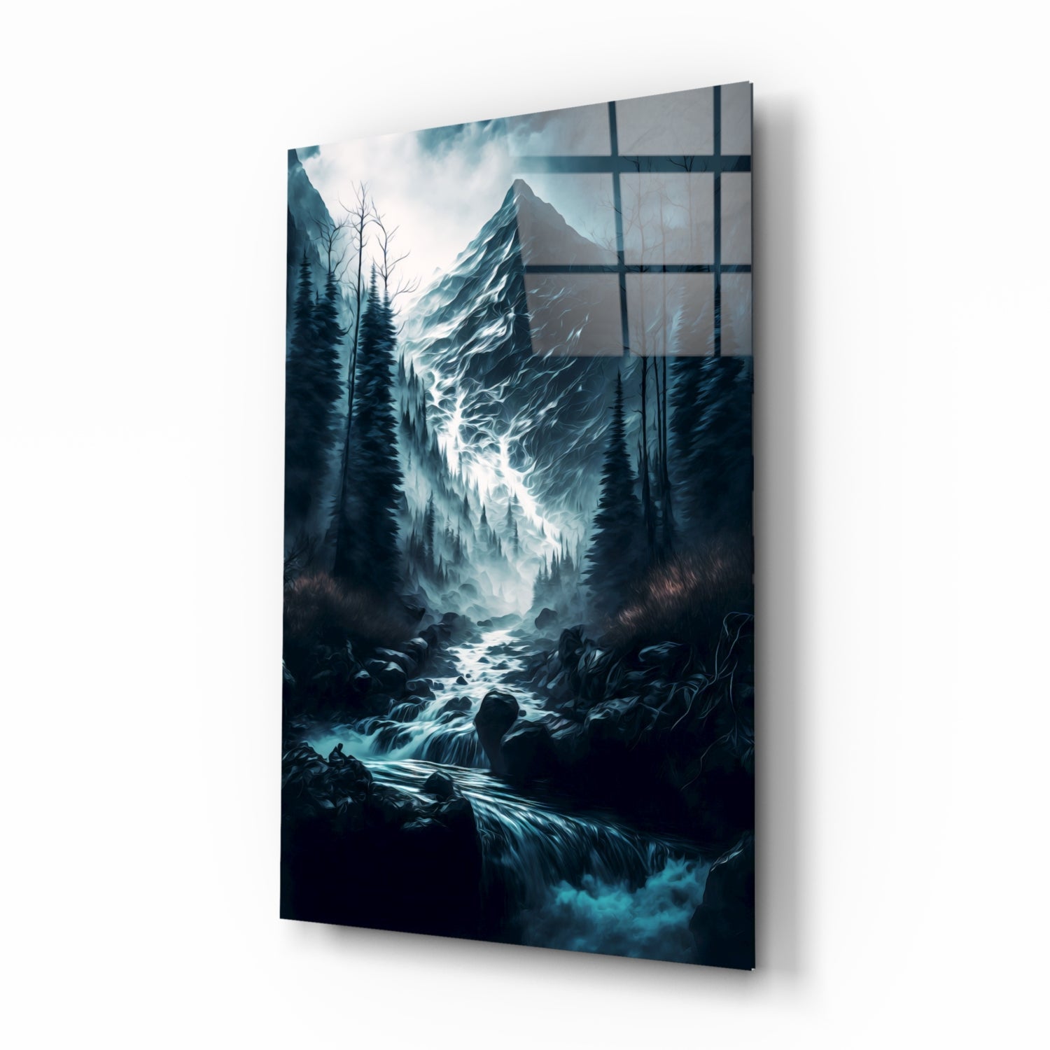 Misty Blue Peak Waterfall Forest Glass Wall Art