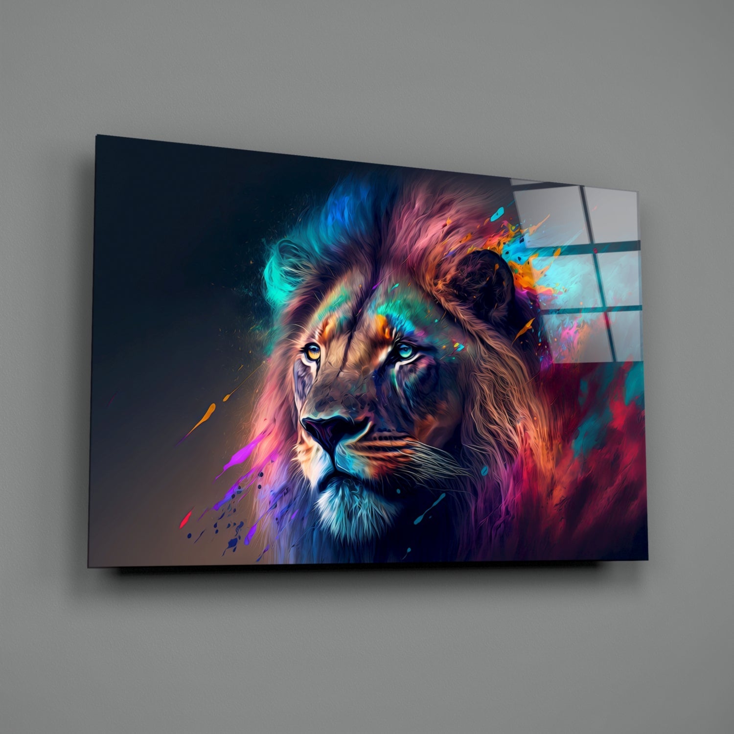 Violet Teal Mist Regal Lion Face Glass Wall Art