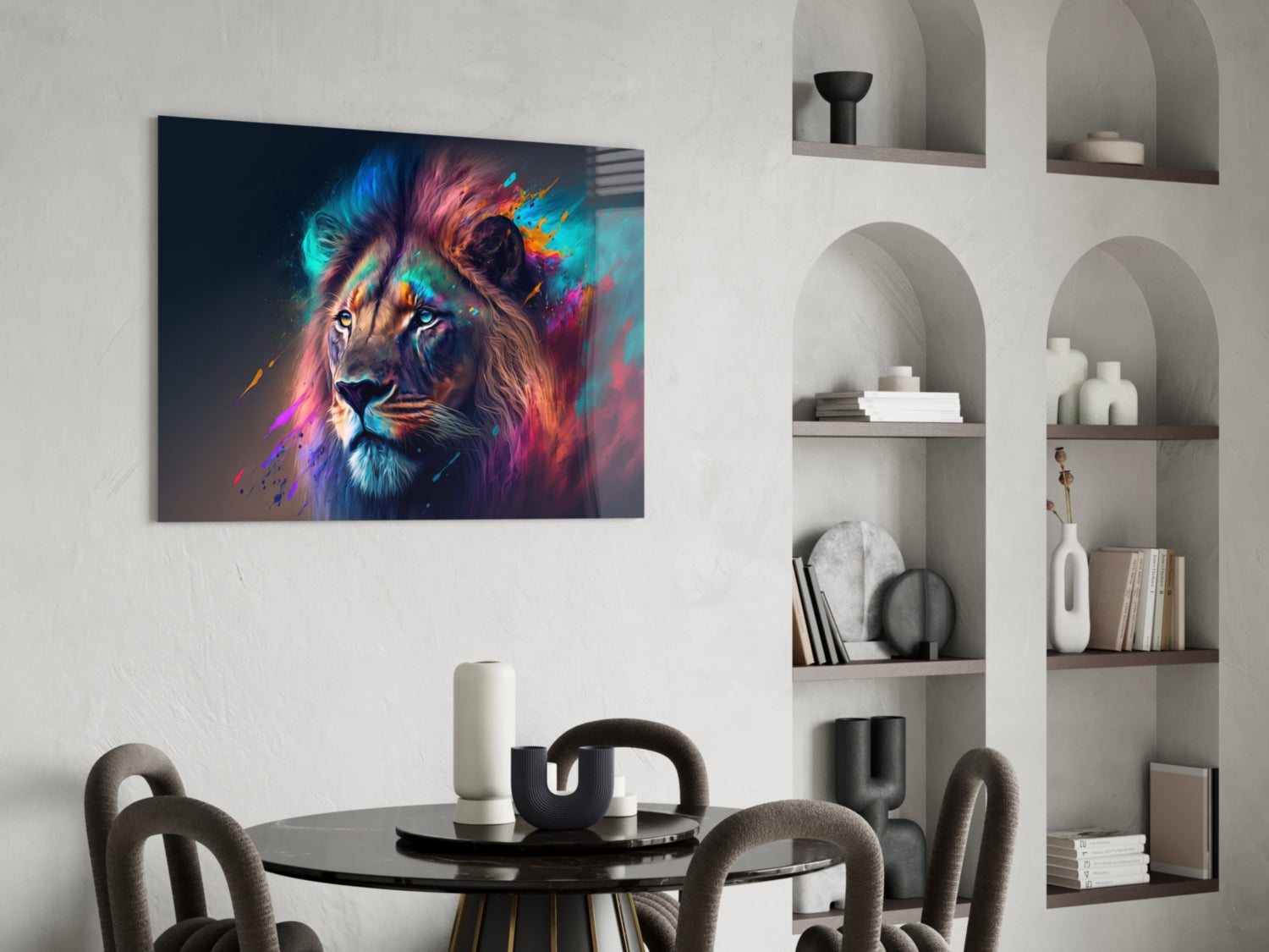 Violet Teal Mist Regal Lion Face Glass Wall Art