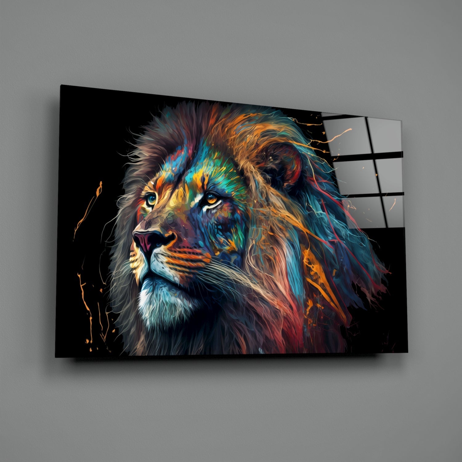 Tall Rainbow Mane Gazing Lion Glass Wall Art