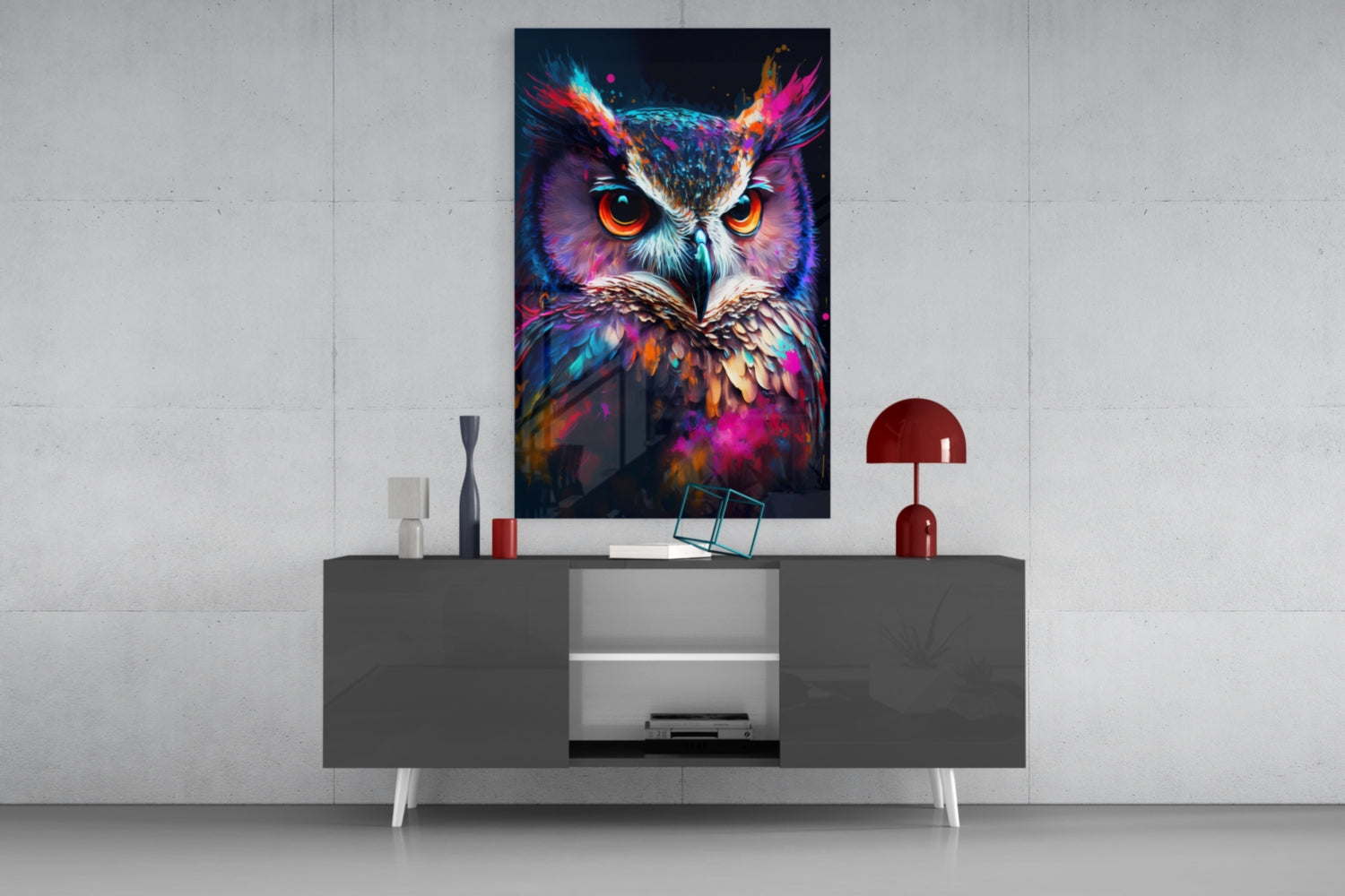 Neon Purple Feathered Owl Face Glass Wall Art