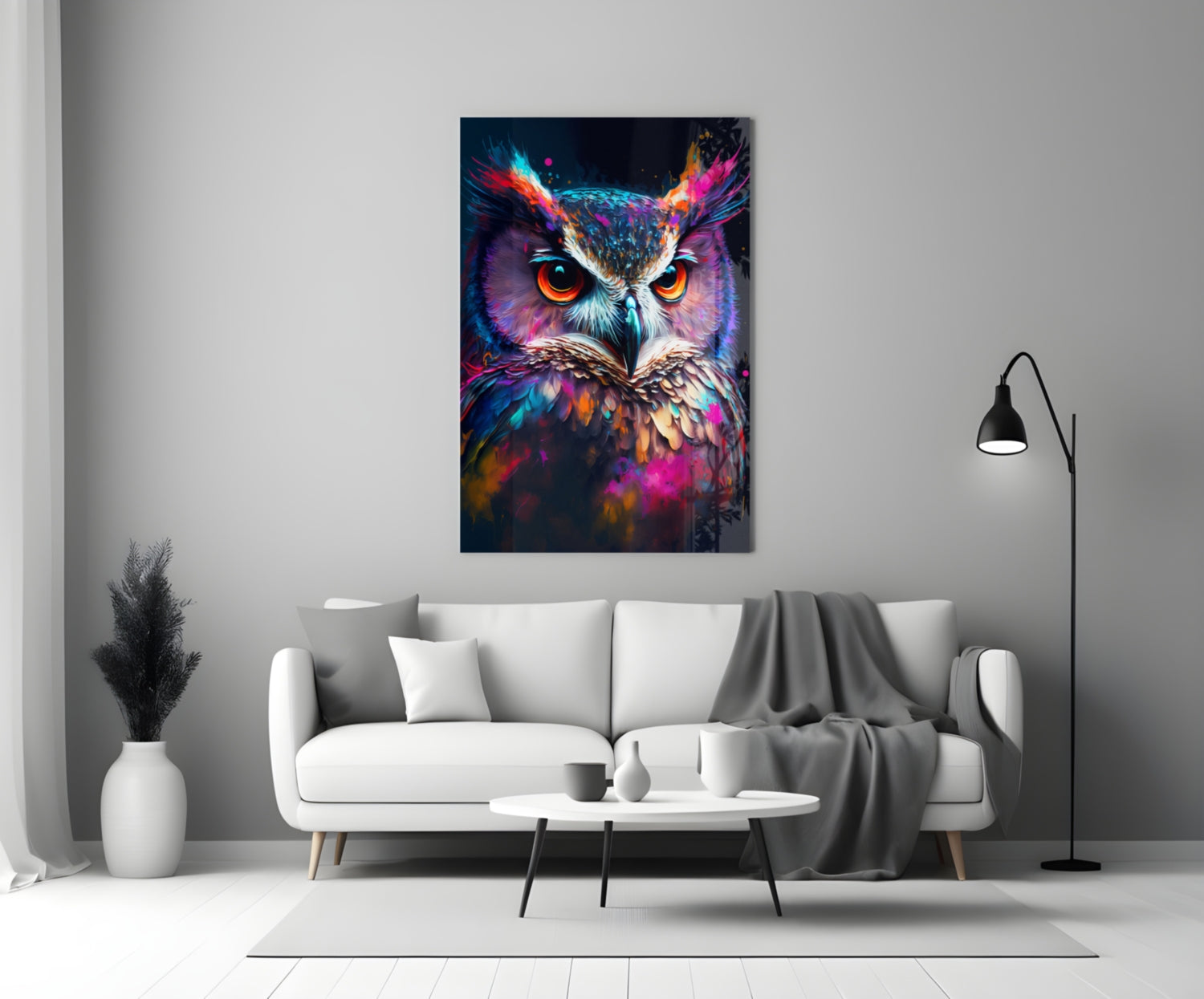 Neon Purple Feathered Owl Face Glass Wall Art
