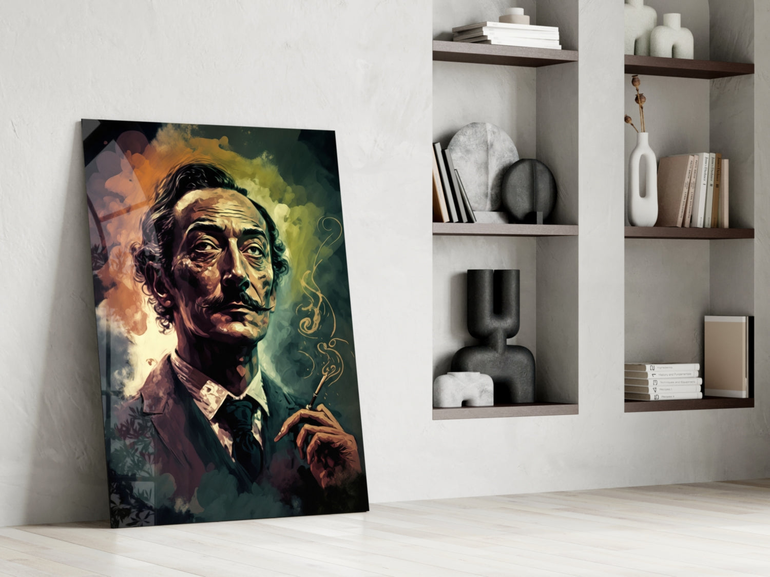 Mustached Man With Golden Smoke Swirl Glass Wall Art