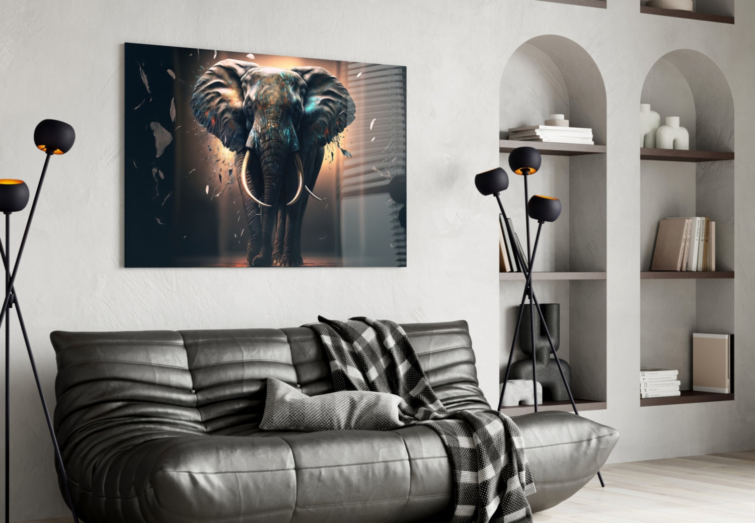 Front Facing Tusker Elephant In Mist Glass Wall Art