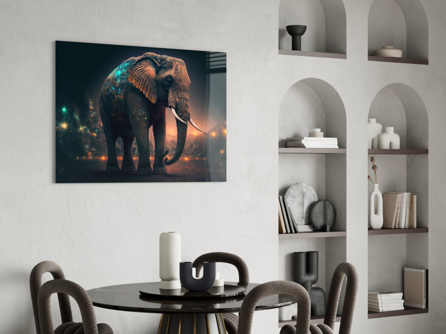 Glowing Ember City Night Elephant Glass Wall Art
