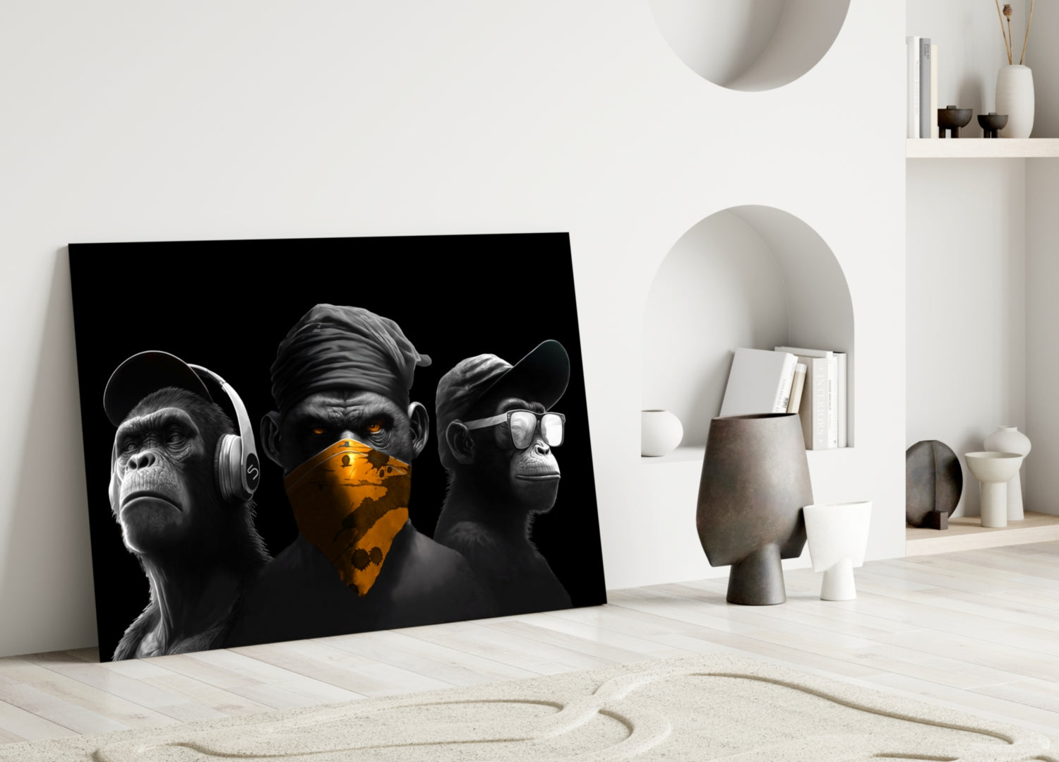 3 Wise Monkeys Chrome Edition Glass Wall Art || Designer Collection