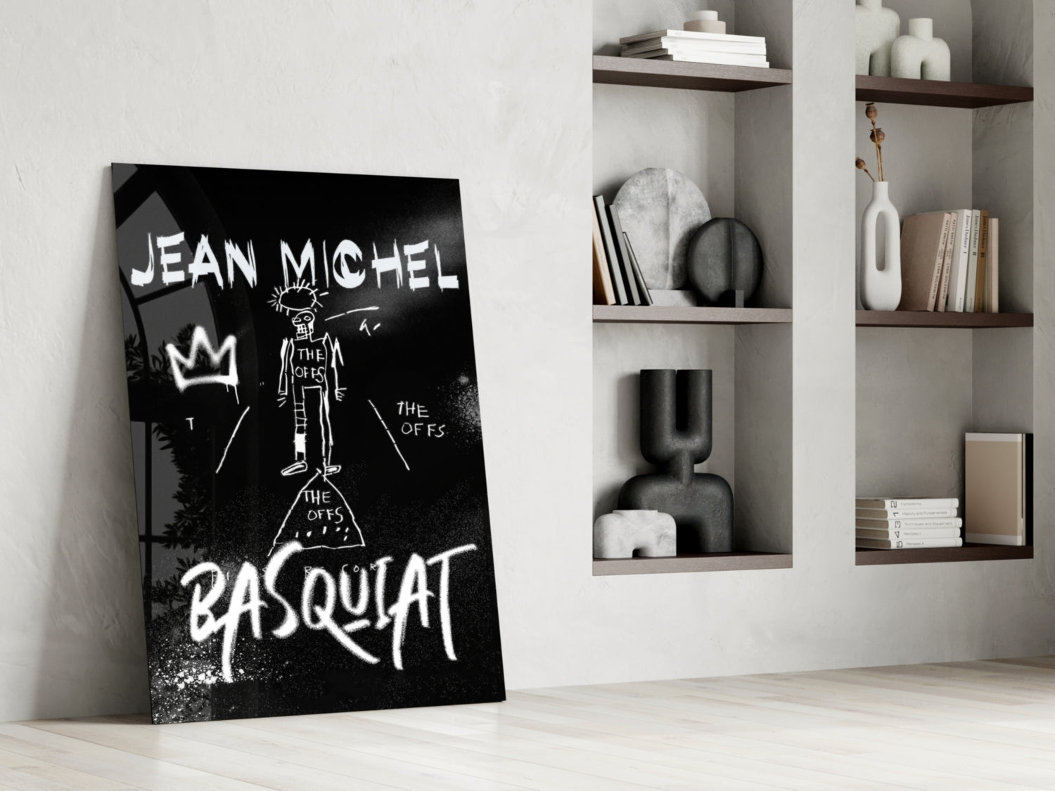 Black White Stick Figure Crown Glass Wall Art