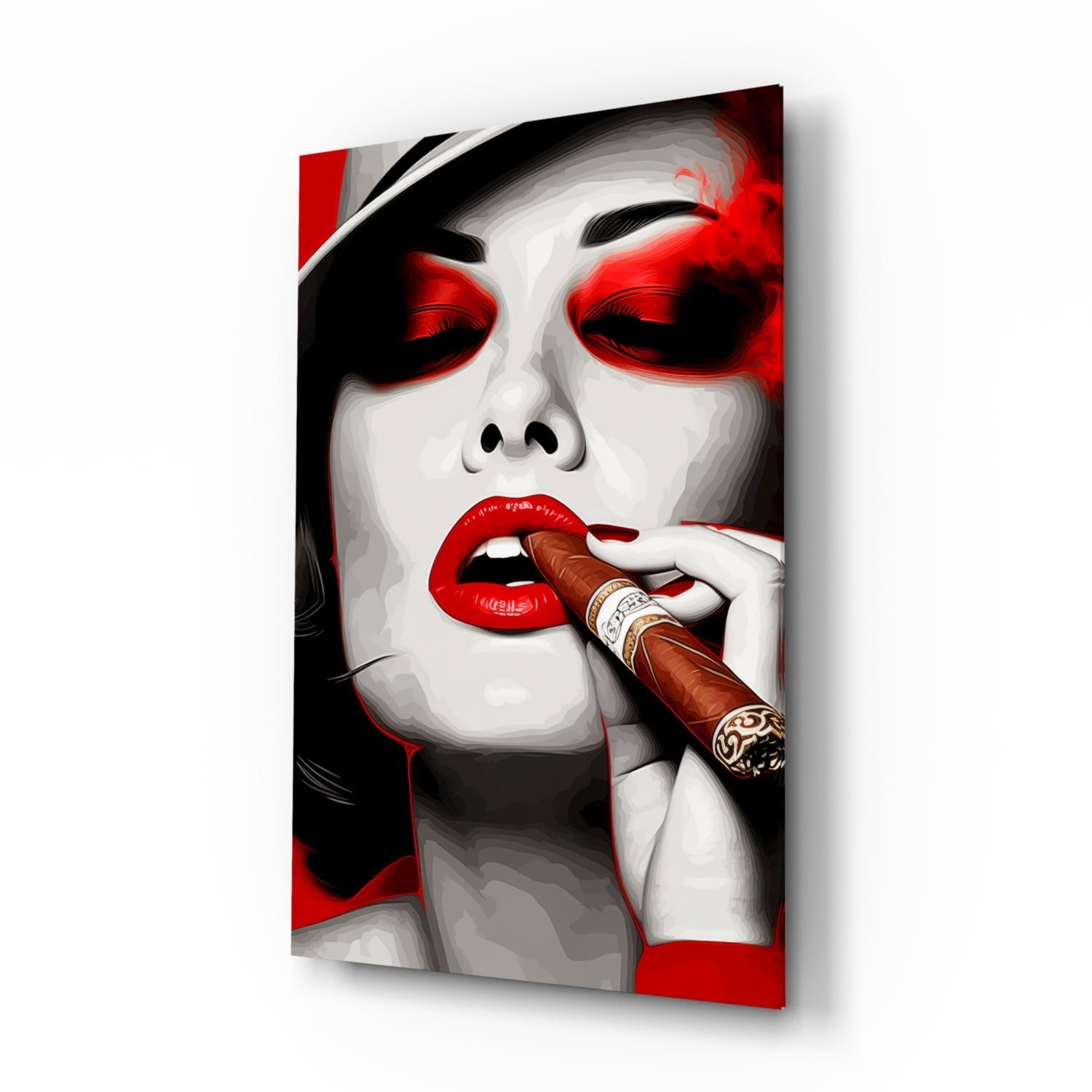 White Hat Red Lips Cigar Lady Glass Wall Art