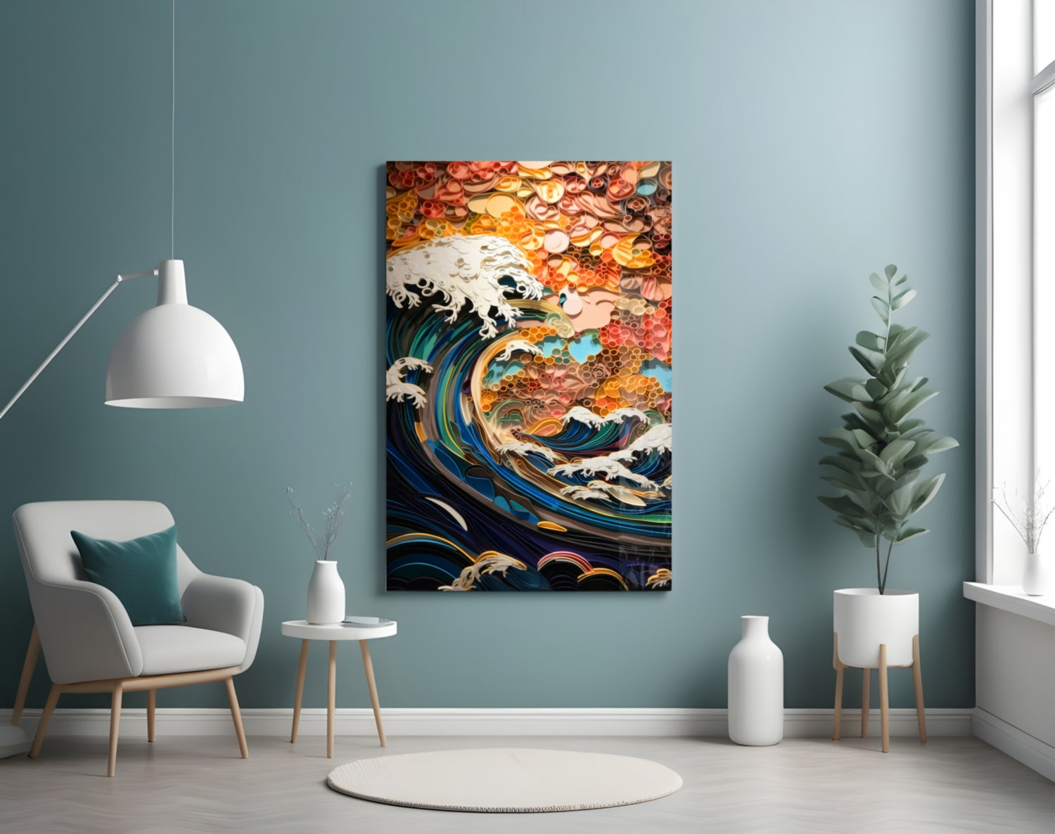 Coral Sunset Quilled Ocean Wave Glass Wall Art