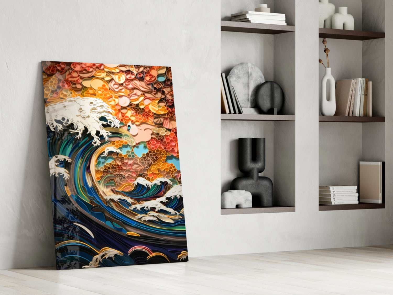 Coral Sunset Quilled Ocean Wave Glass Wall Art