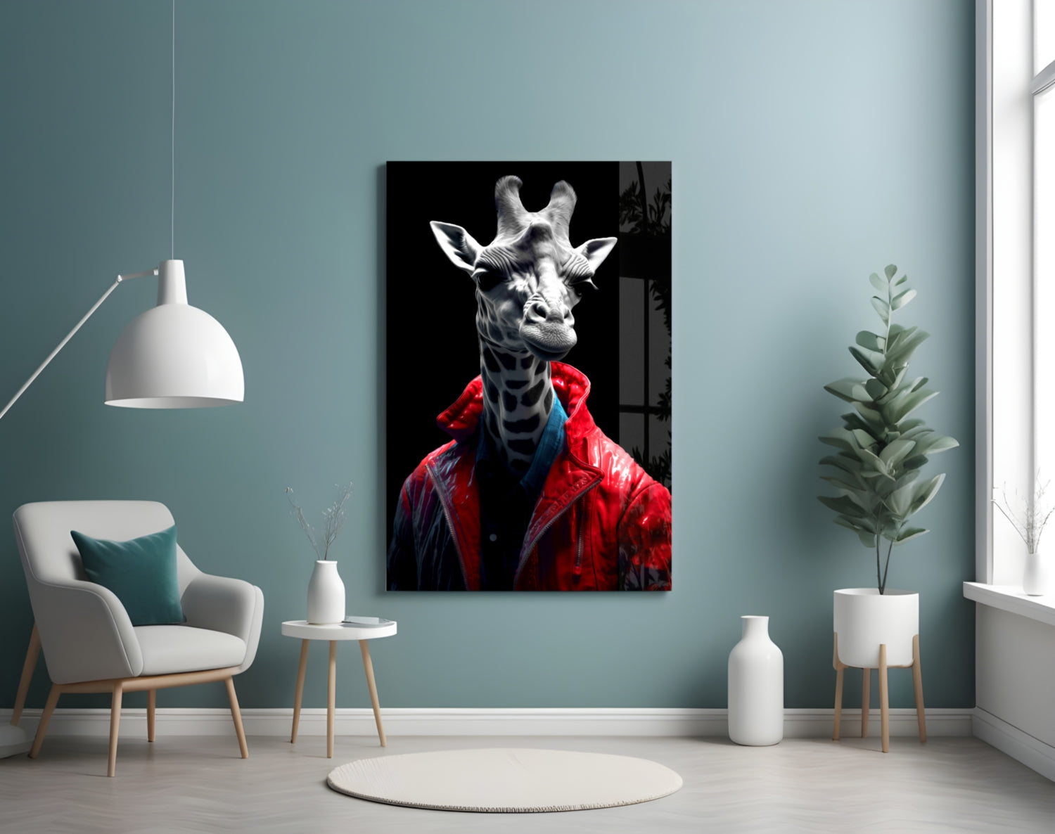 Red Leather Jacket Giraffe Glass Wall Art