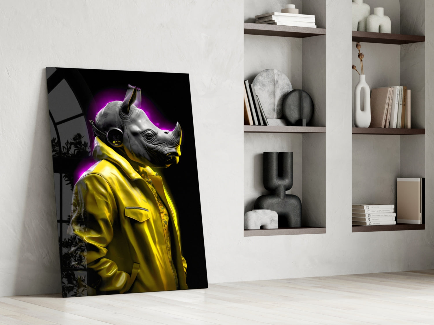 Yellow Coat Rhino Purple Glow Glass Wall Art
