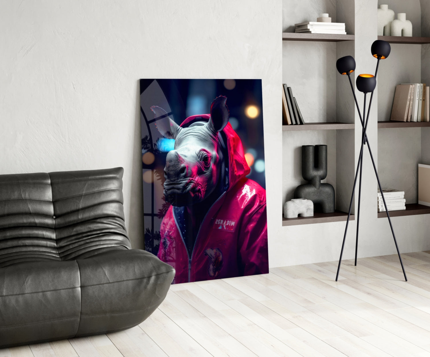 Rhino in Night Glass Wall Art || Designer Collection
