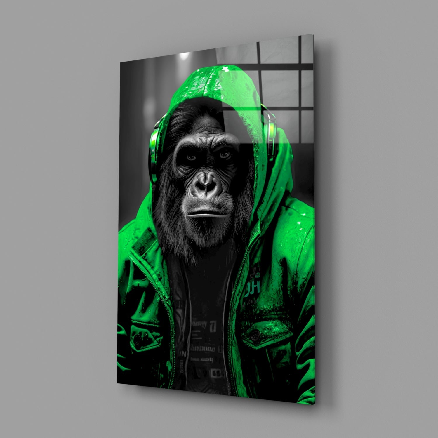 Yellow Raincoat Headphone Gorilla Glass Wall Art