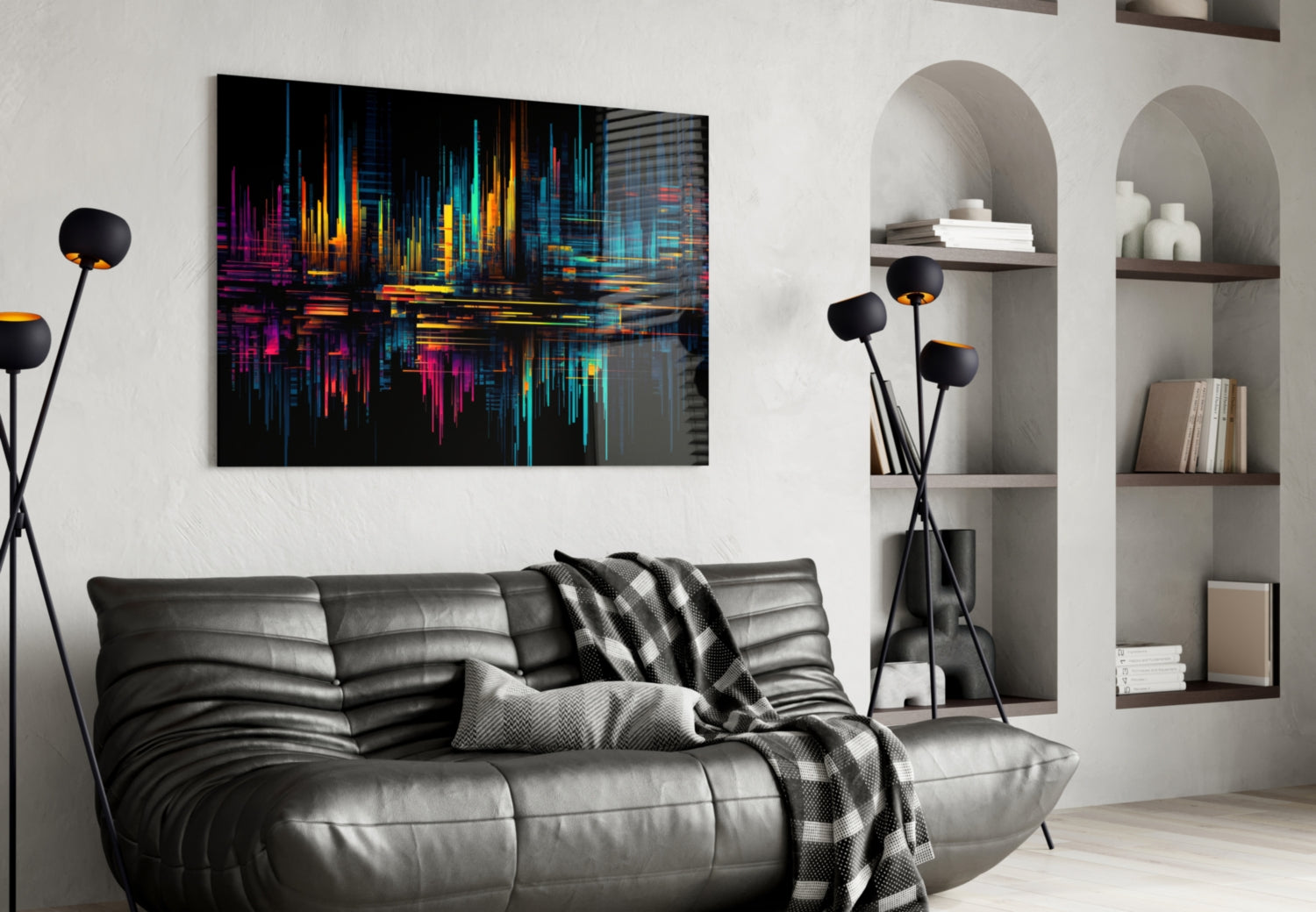 Neon Skyline Light Streaks Glass Wall Art