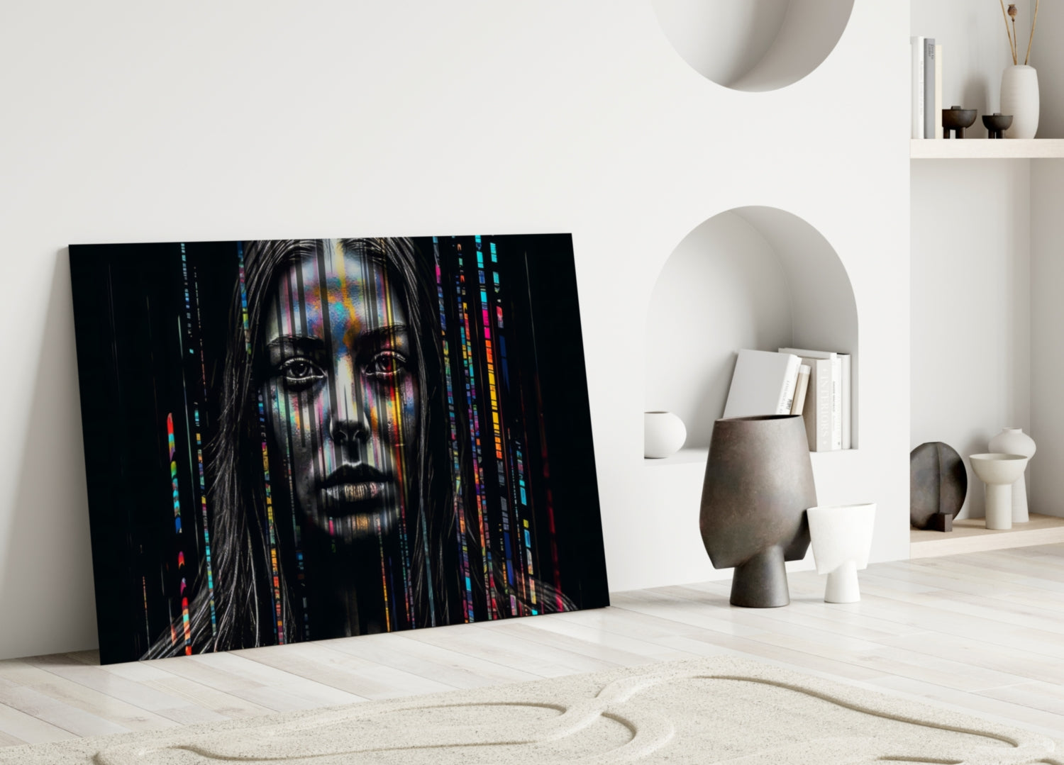 Glitch Stripes Woman Portrait Glass Wall Art