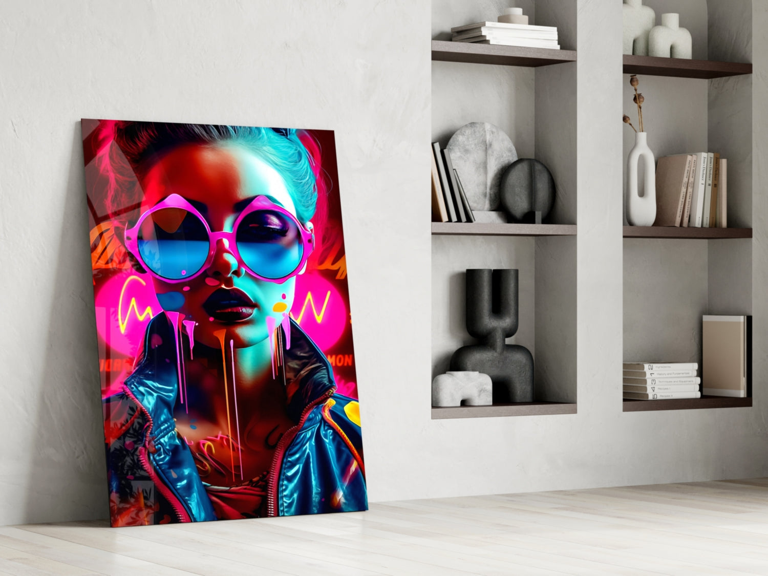 Pink Round Glasses Neon Woman Glass Wall Art