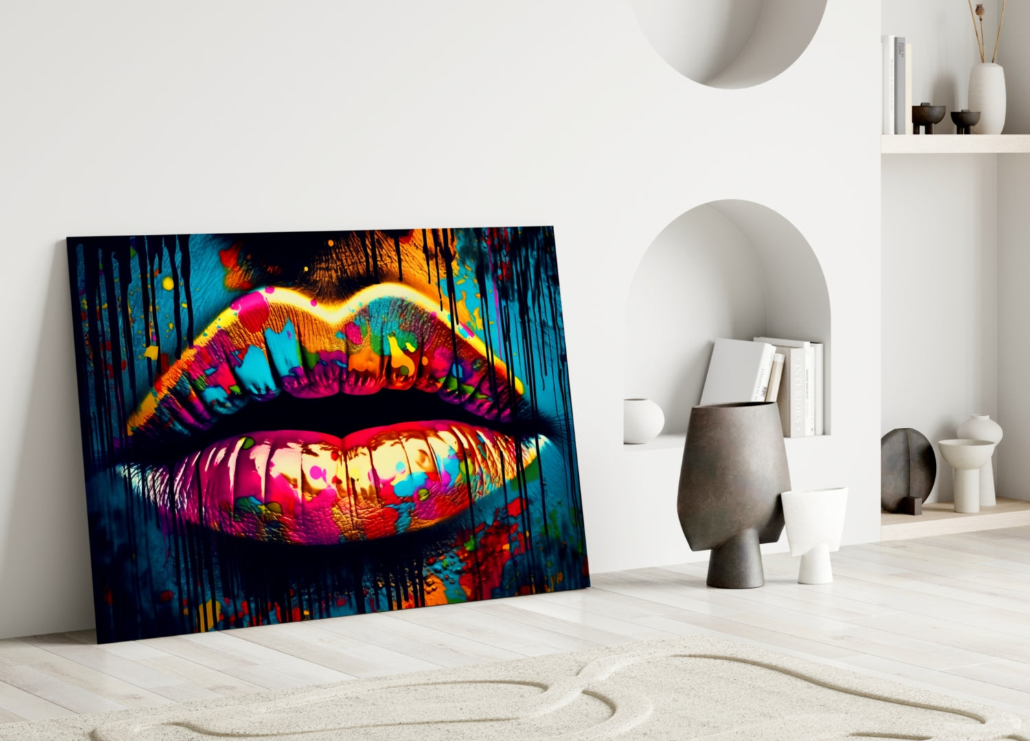 Rainbow Splatter Glossy Lips Glass Wall Art