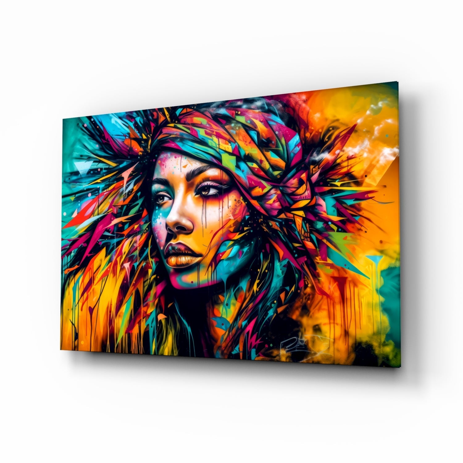 Neon Headwrap Feathered Woman Glass Wall Art