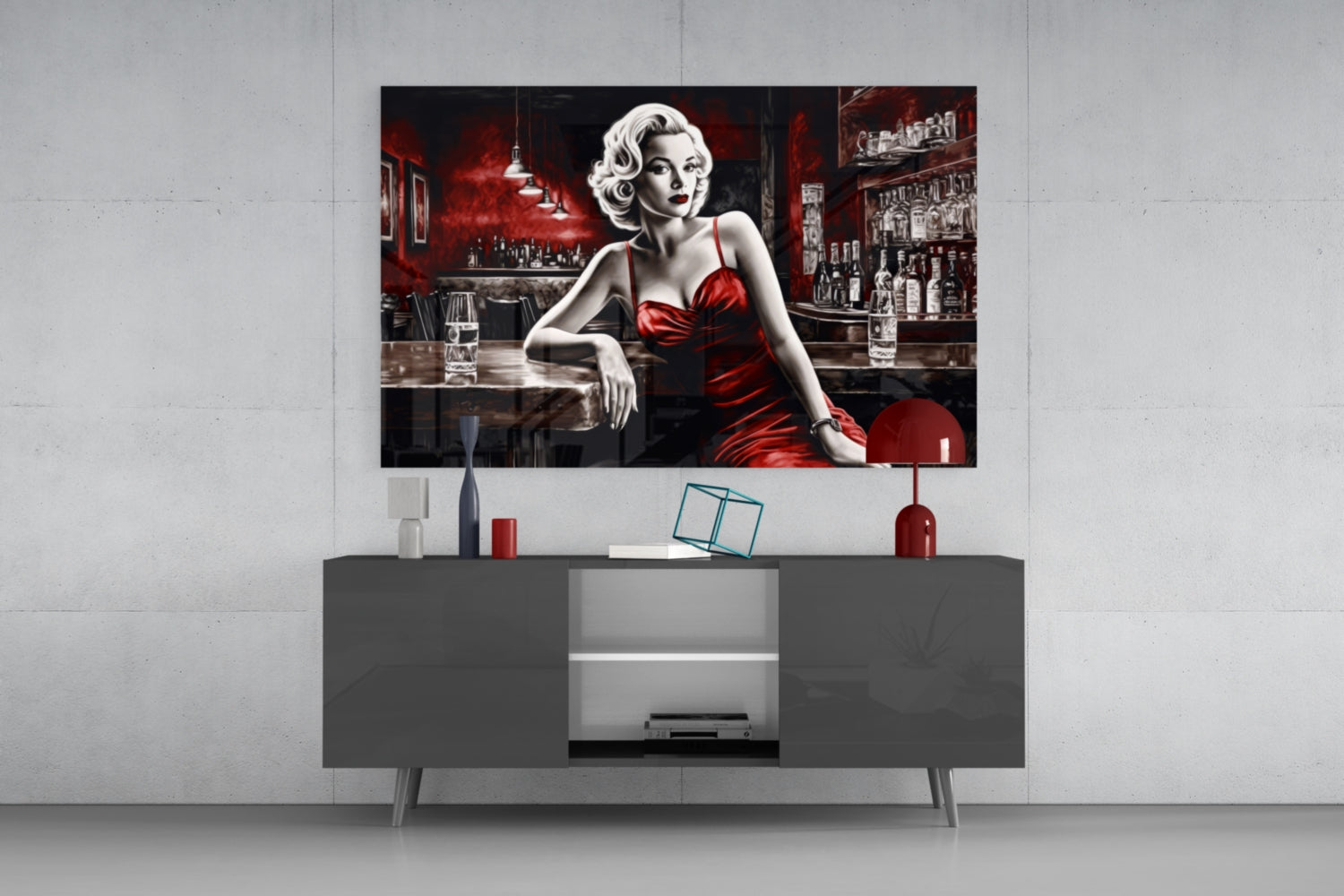 Red Satin Blonde Leaning on Bar Glass Wall Art