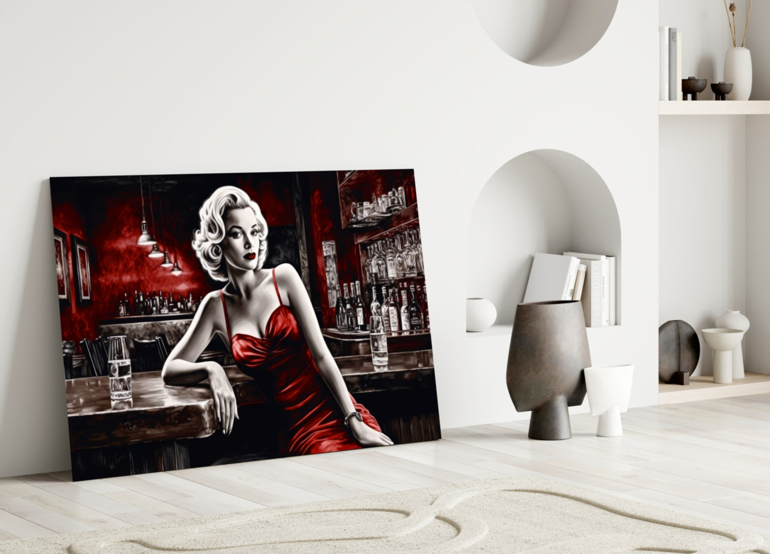 Red Satin Blonde Leaning on Bar Glass Wall Art