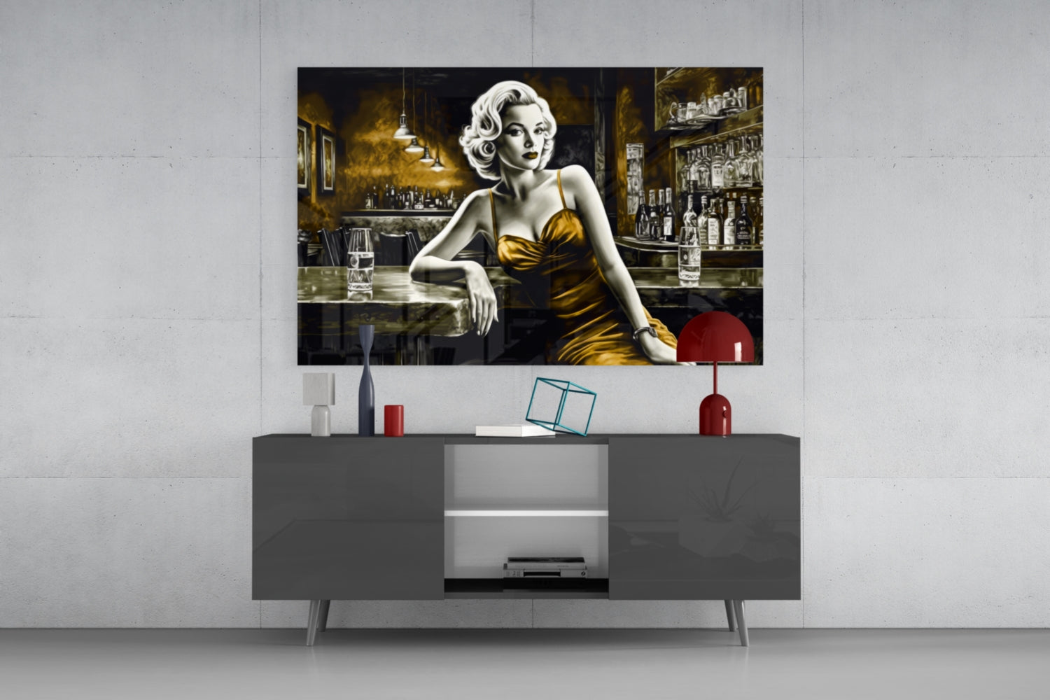 Amber Gown Blonde at Bar Glass Wall Art