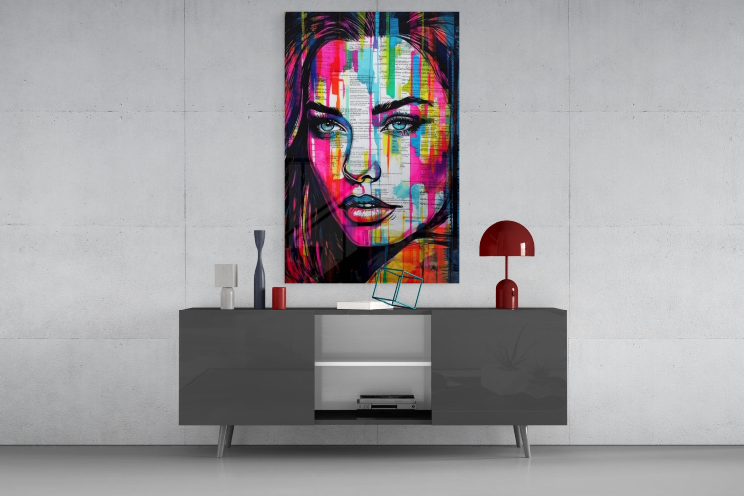 Newsprint Drip Rainbow Woman Glass Wall Art