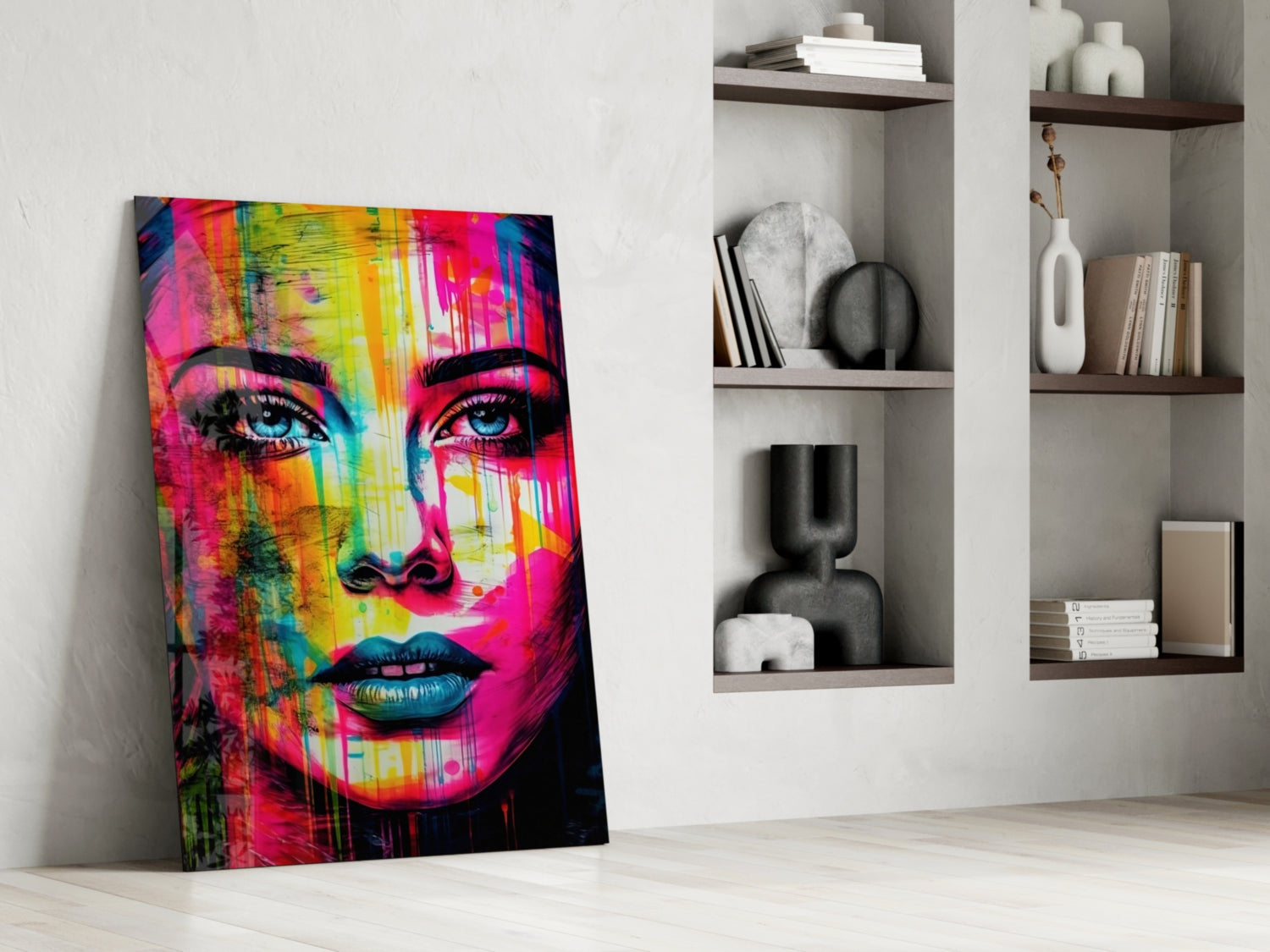Neon Pink Stripe Bold Brow Woman Glass Wall Art