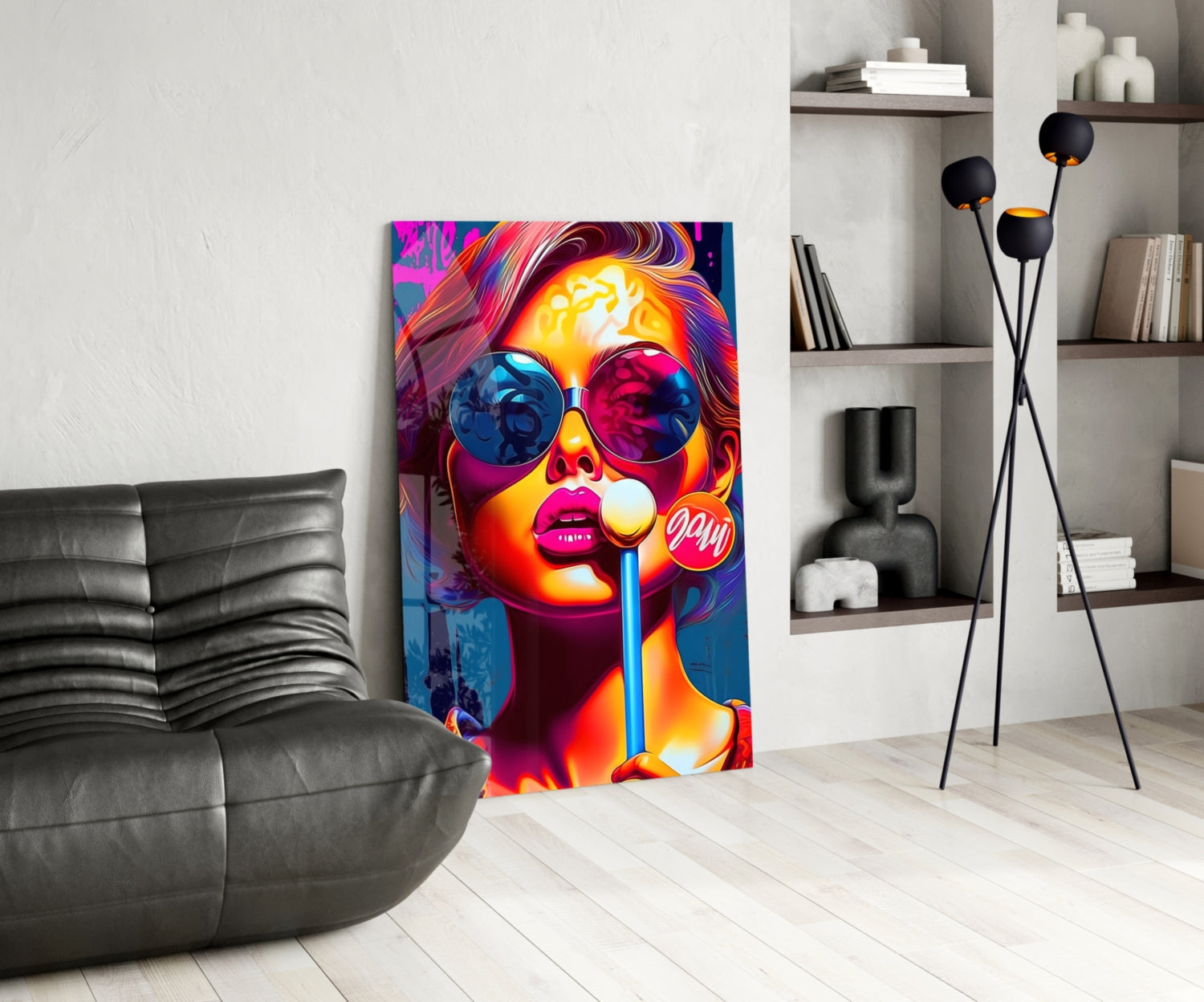 Neon Sunglasses Woman White Lollipop Glass Wall Art