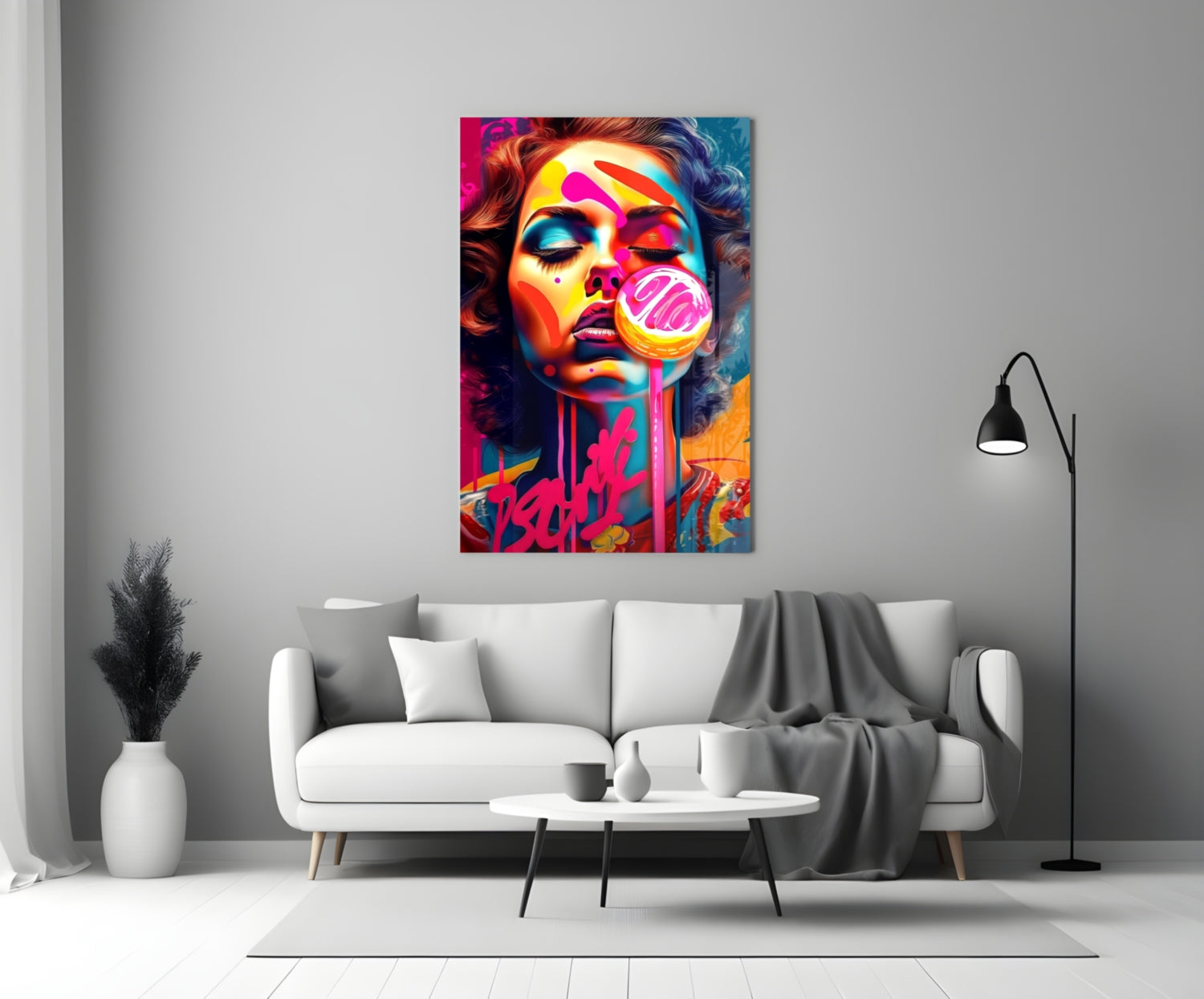 Dripping Pink Lollipop Graffiti Woman Glass Wall Art