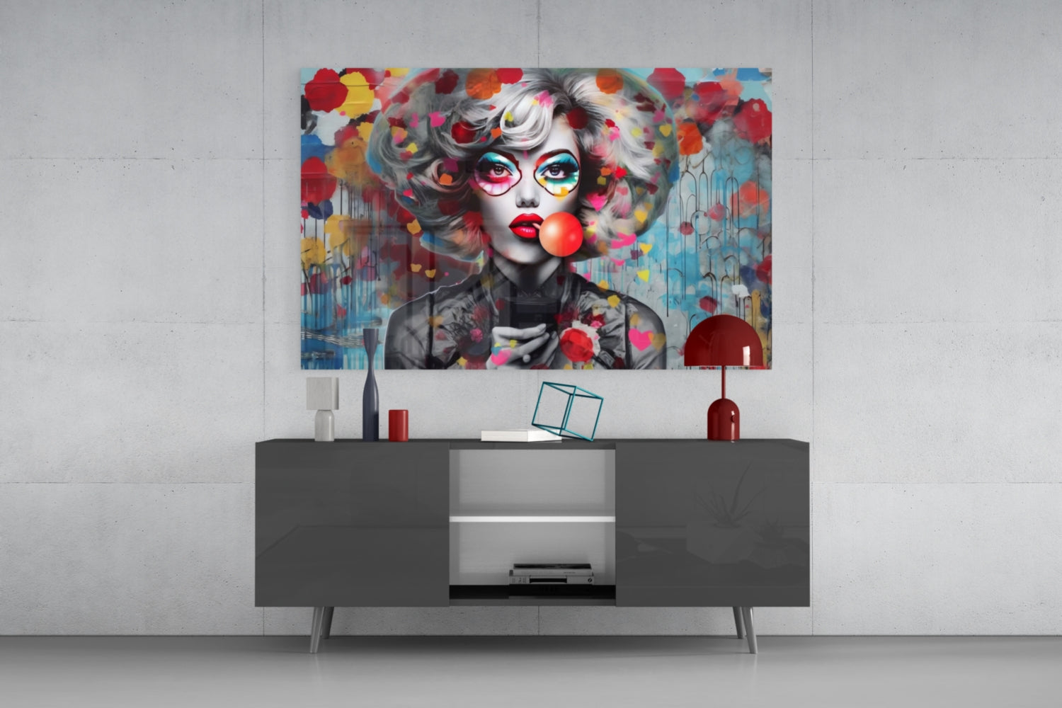 Red Bubble Gum Confetti Hearts Glass Wall Art