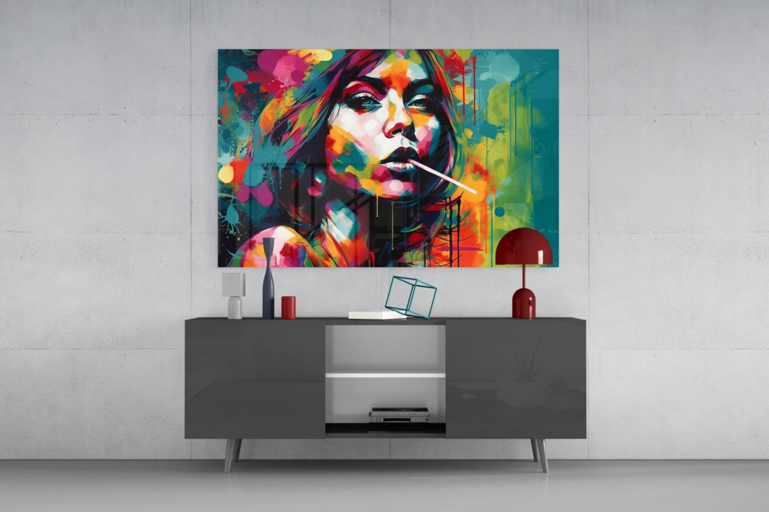 Teal Splash Painted Woman Candy Stick Glass Wall Art