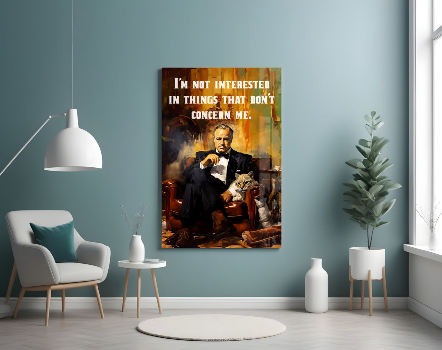 Suited Boss With Cat and Quote Glass Wall Art