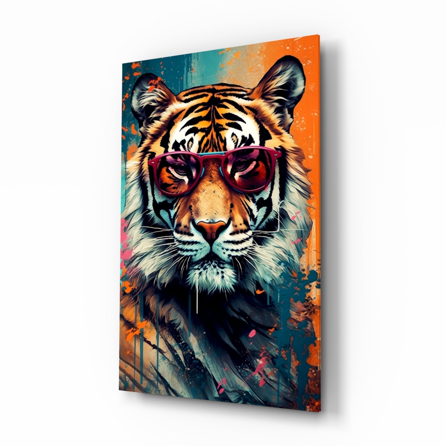Teal And Orange Splatter Tiger Glass Wall Art