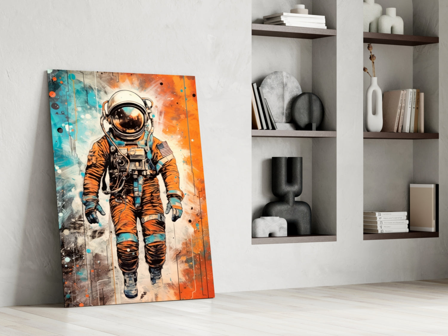 Comic Orange Astronaut Glass Wall Art
