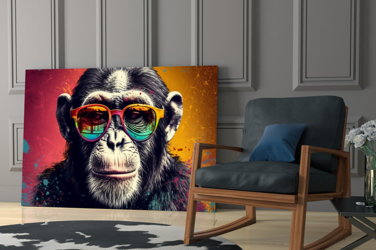 Red And Gold Split Splatter Chimp Glass Wall Art