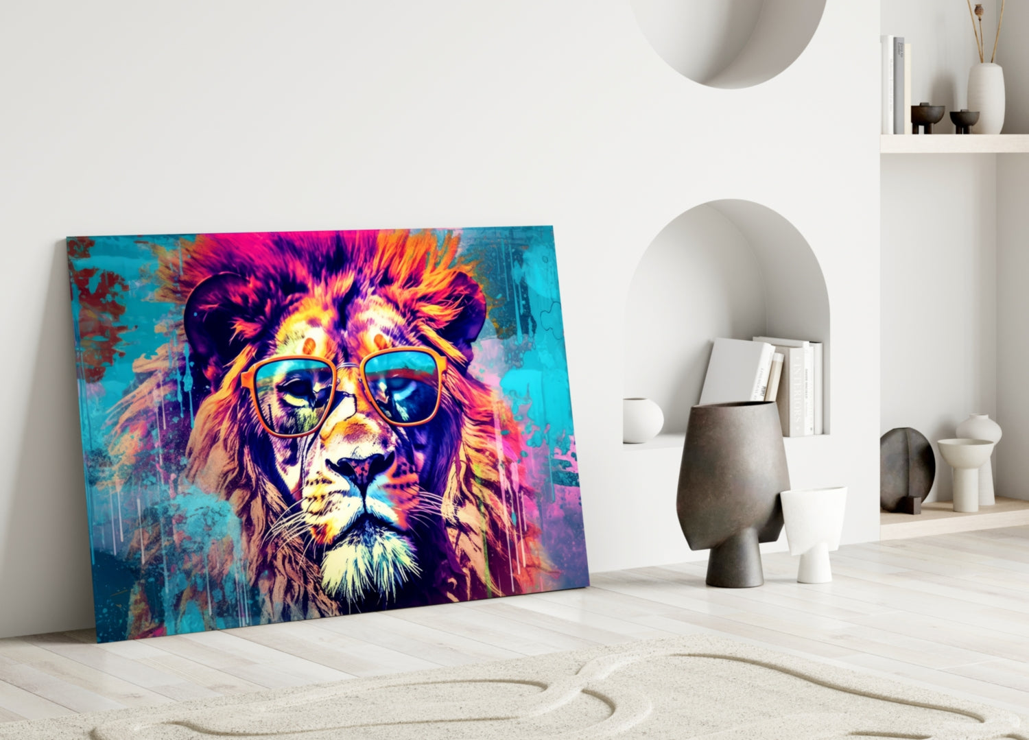 Gold Frame Turquoise Lion Glass Wall Art