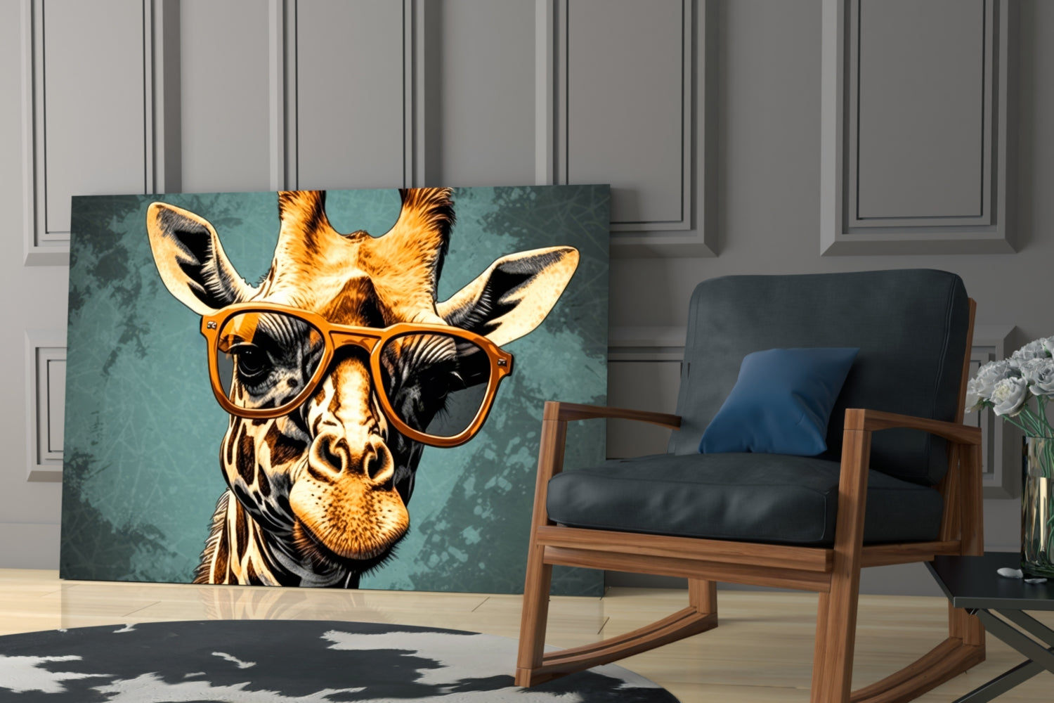 Golden Giraffe Amber Shades Teal Glass Wall Art