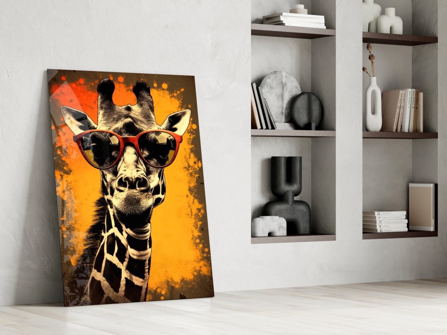Retro Giraffe Red Shades Orange Glass Wall Art
