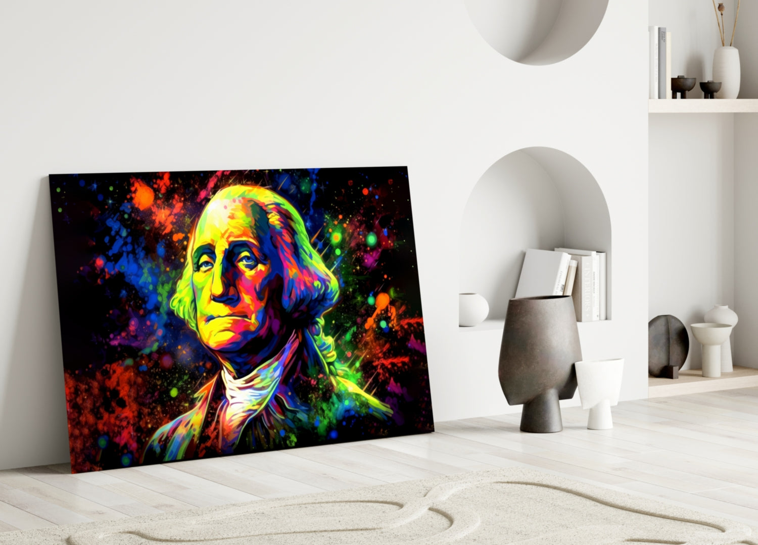 Neon Splatter George Washington Glass Wall Art