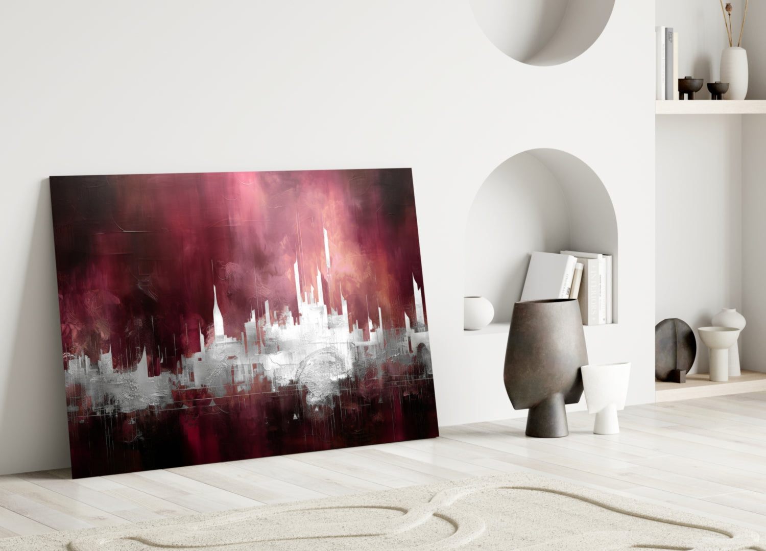 Crimson Mist Abstract Skyline Glass Wall Art