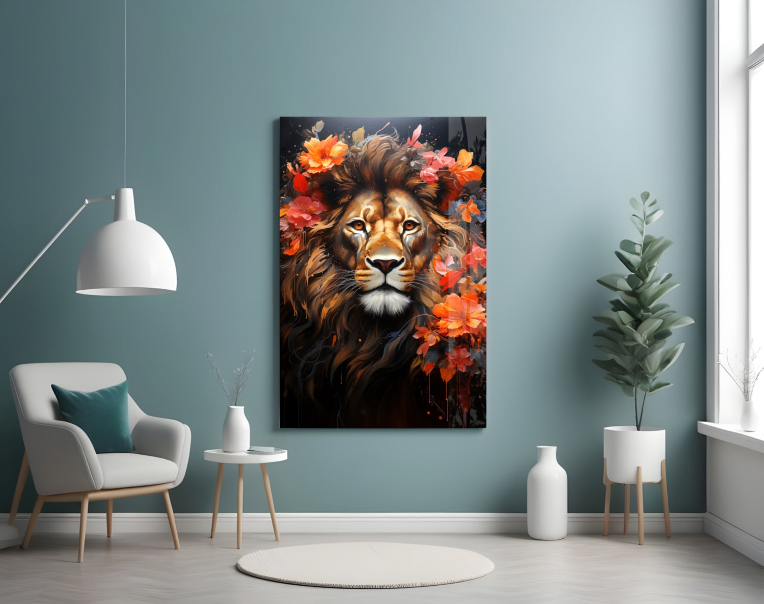Floral Crown Lion Face Glass Wall Art